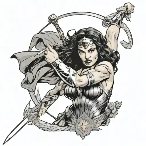 Wonder Woman Holding A Sword With Her Lasso Of Wisdom Wrapped Around Her