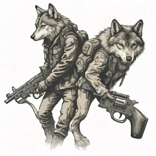 A Lone Wolf And A Hunter With A Gun