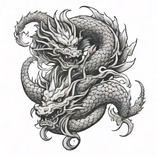 Japanese Dragon With Oni Mask Two Heads Yin And Yang Koi Fish