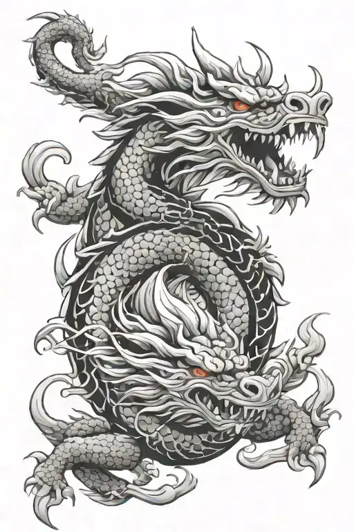 Japanese Dragon With Oni Mask Two Heads Yin And Yang Koi Fish