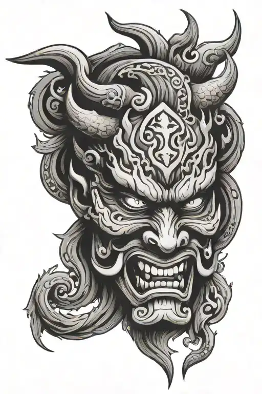 Oni Mask Surrounded Yin Yang Symbol