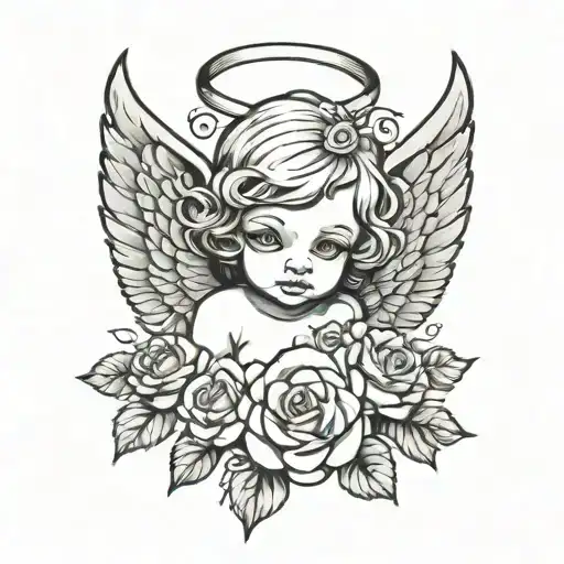 333 Angel Tattoo Cupid Roses Neo Traditional Black And Grey