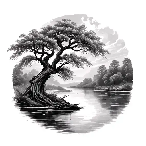 Willow Tree With Sweeping River Below In The Background