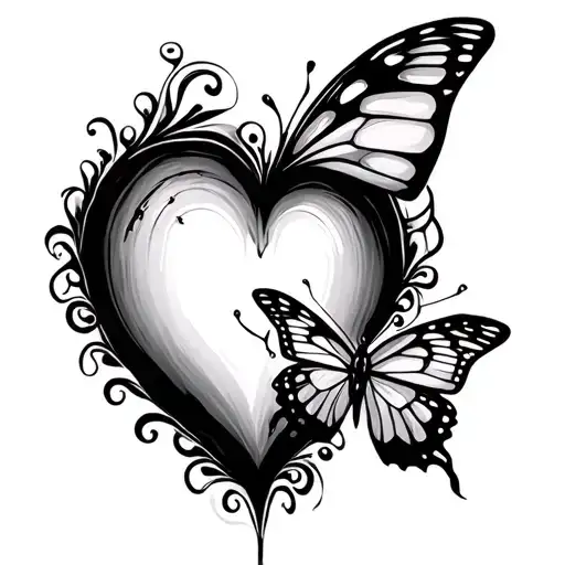 Heart Shape With Waterline And Butterfly Drawn In Fine Lines