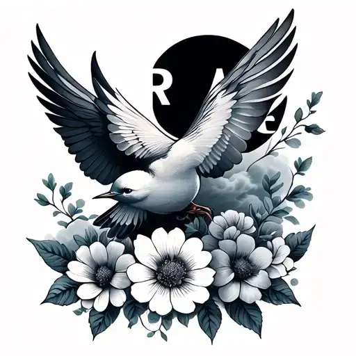 Flying Cloud And Bird With Flowers With The Letter