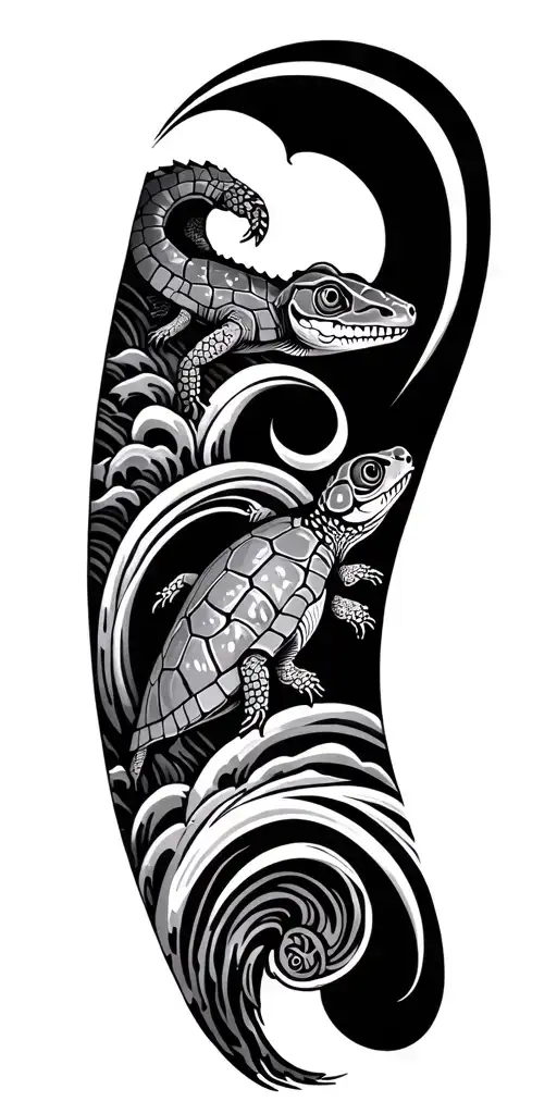 Maori Tattoo With Turtle And Gecko Ocean Wave