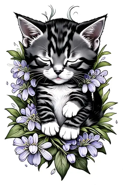 Cartoon Kitten Sleeping In A Bed Of Flowers Lilly Of The Valley And Lilacs