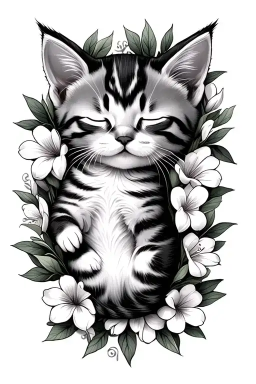Cartoon Kitten Sleeping In A Bed Of Flowers Lilly Wrapped