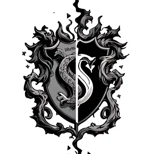 Half Slytherin Half Gryffindor Crest With A Gryffindor Symbol Breaking Through The Slytherin Crest