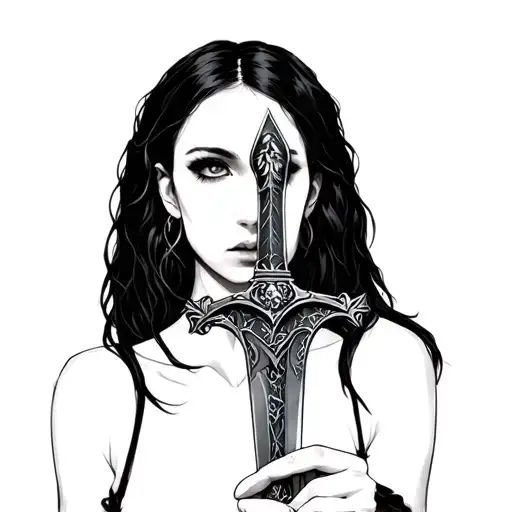 Portrait Of Goth Girl With Black Hair Holding Dagger