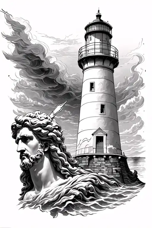 Lighthouse At Top With Zeus At The Bottom Half