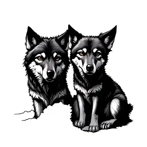 Wolf And Pup Seated Next To Each Other From Behind