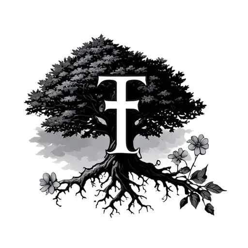 A Tree That Has Roots Like Letter T And 3 Flowers