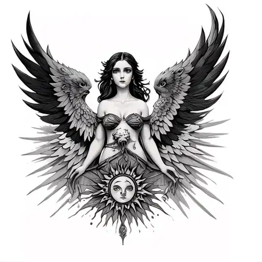 Maiden Girl With Phoenix Wings And Sun In Her Chest