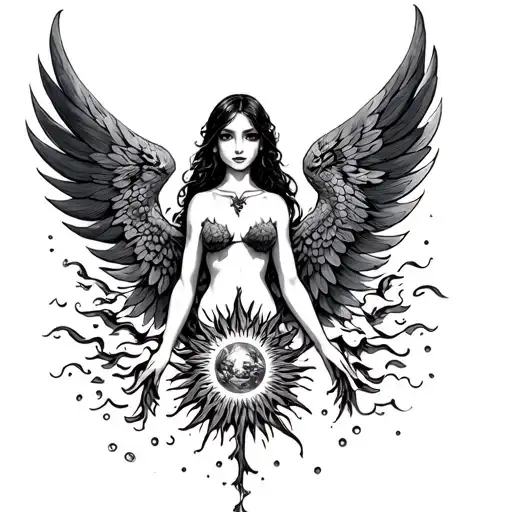 Maiden Girl With Phoenix Wings And Sun In Her Chest