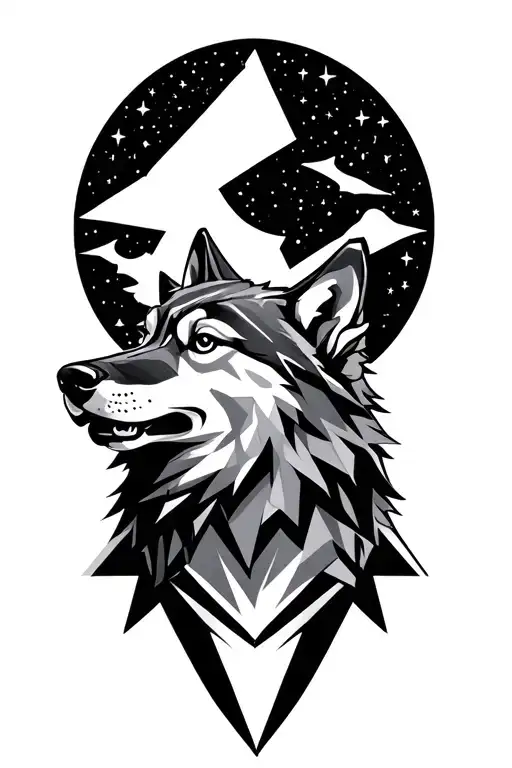 Geometric Howling Wolf With Starry Sky Background
