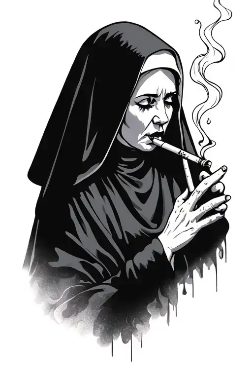 The Nun Smoking A Cigarette Burning Black
