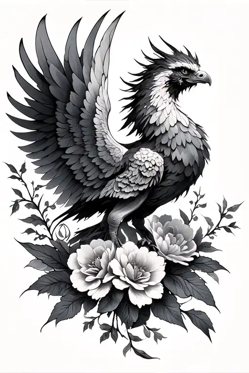 Phoenix In Wings Deployed With Japanese Flowers