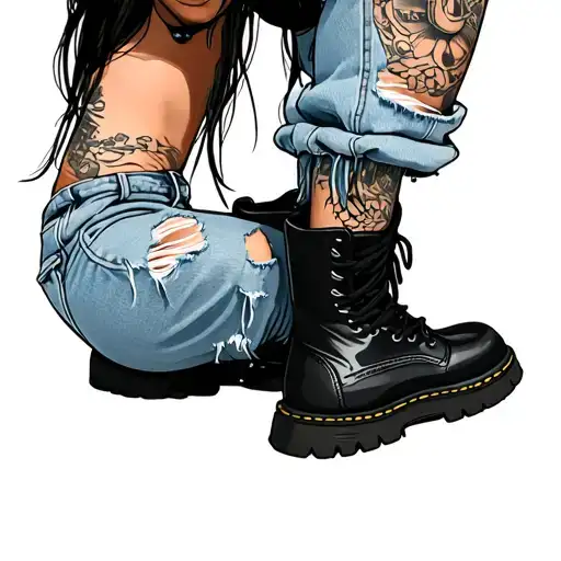 Caricature Girl Wearing Light Denim Baggy Ripped Pants With Combat Boots