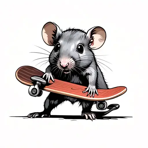 Traditional Tattoo With Rat Holding Skateboard
