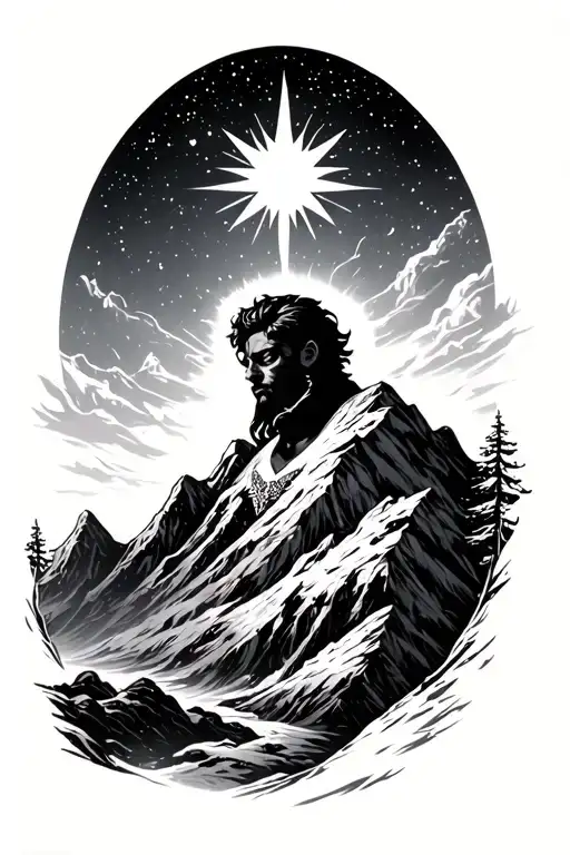 A Young Black King By A Mountain On A Starry Night With A Bight Star