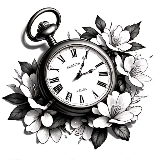 Pocket Watch With Cherry Blossoms Around It With No Fine Lines