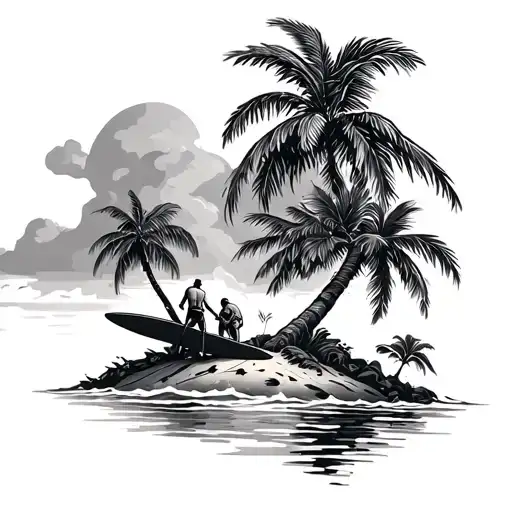 Island With Palm And Two Males With A Surfboard In Hand