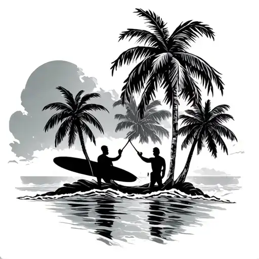 Island With Palm And Two Males With A Surfboard In Hand