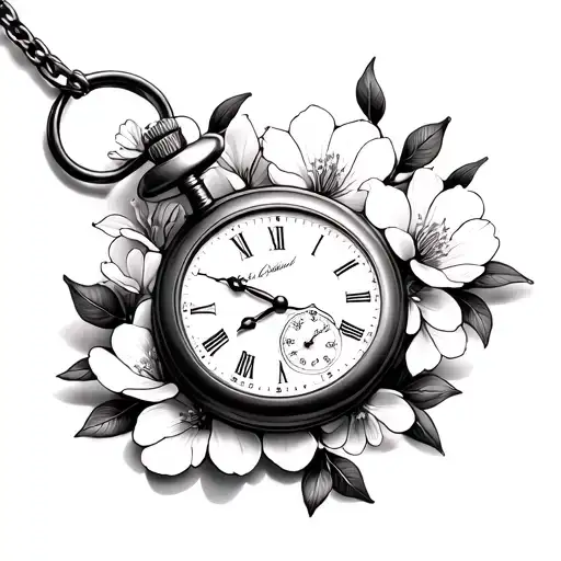 Pocket Watch With Cherry Blossoms Around It With No Fine Lines