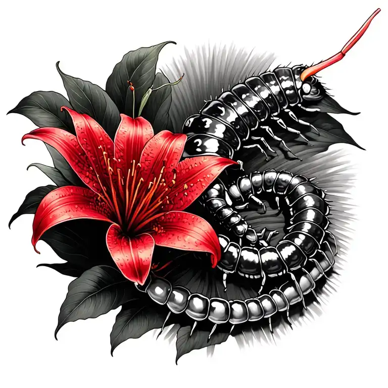 A Sinister Centipede Crawling Down The Back As It Reaches Halfway A Red Spider Lily Flower Blooms