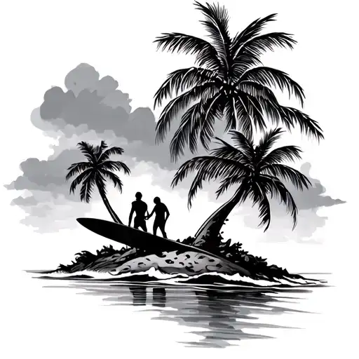 Island With Palm And Two Males With A Surfboard In Hand