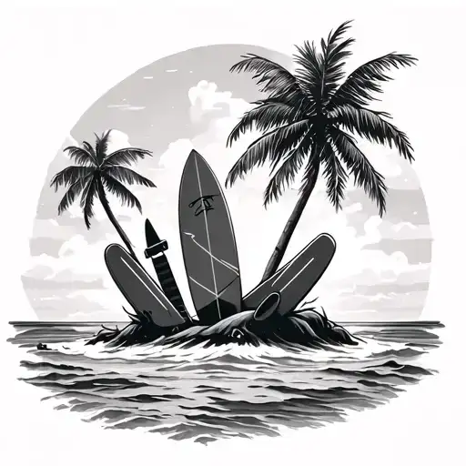 Island With Two Bars With Surf Boards In Hand On An Island With Palm