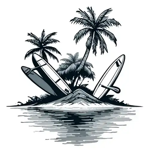 Island With Two Bars With Surf Boards In Hand On An Island With Palm