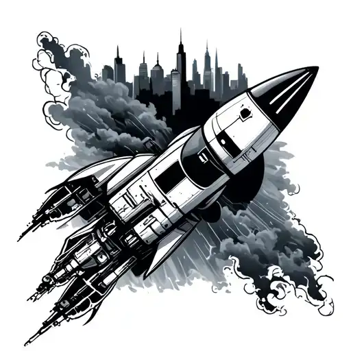 Rocket Flying Over A City Skyline Merging