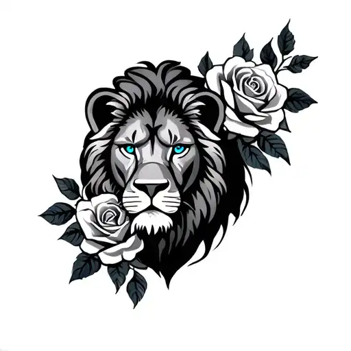 Lion With Blue Eyes And Roses
