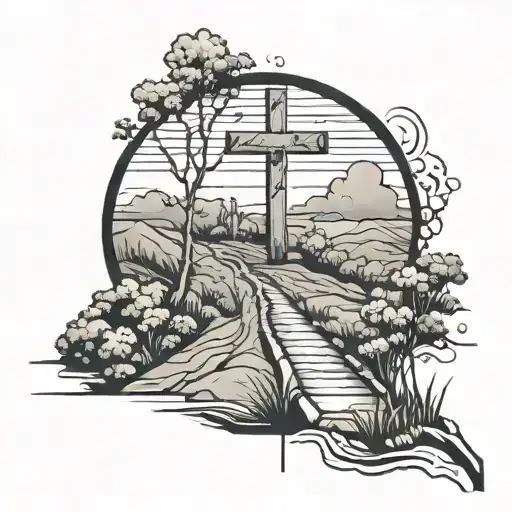 Person Walking Down A Path Towards An Outline On A Cross
