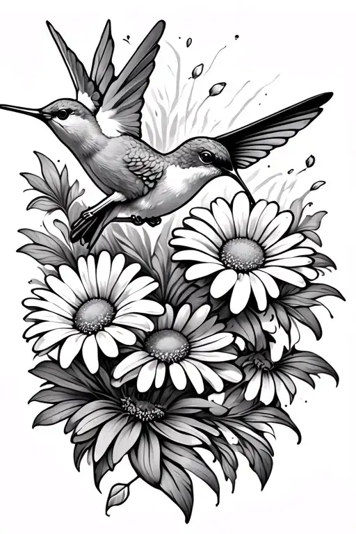 Daisies Flowing With A Hummingbird And Cancer Ribbon