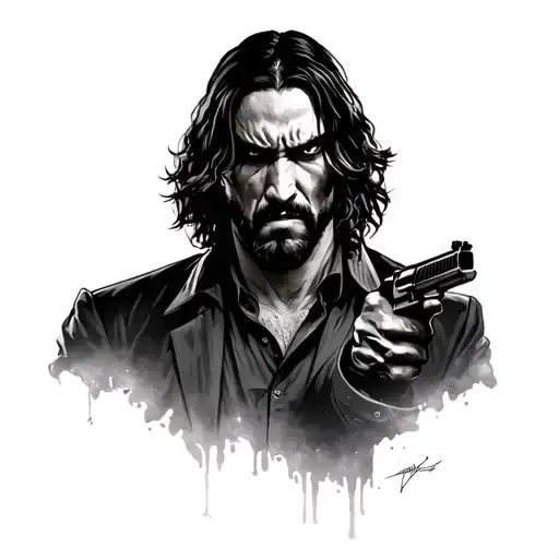 John Wick Style Soul With Gun In Hand Half Is Proud And Angry Other Face Half Is Worn And Exhausted