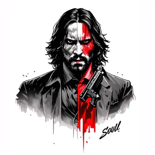 John Wick Style Soul With Gun In Hand Half Is Proud And Angry Other Face Half Is Worn And Exhausted