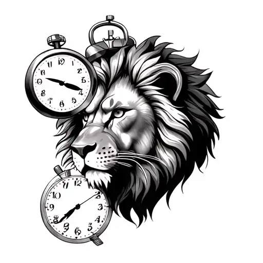 Lion Head Surrounded By Stop Watch With Time