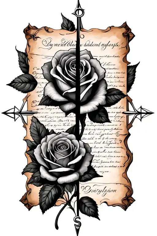 Two Roses Separated By A Compass With A Parchment With Written Origin