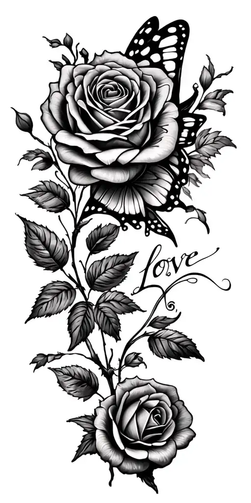 Butterfly And Rose With Love Written Inside Surrounded Forearm
