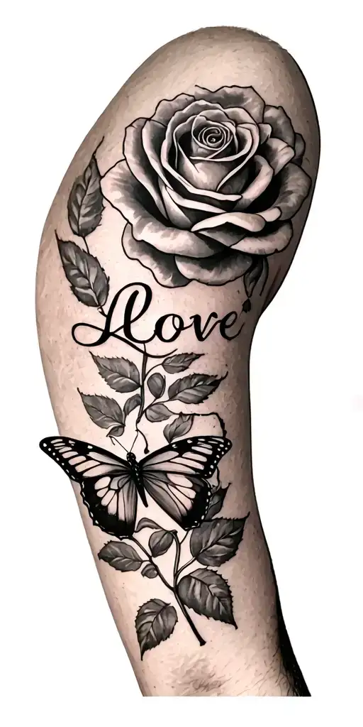 Butterfly And Rose With Love Written Big Isurrounded Forearm
