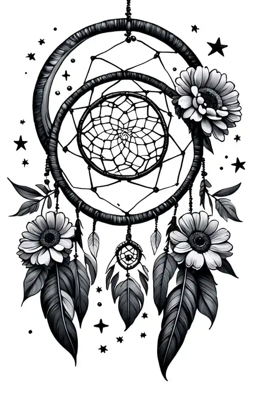 Dreamcatcher Surrounded By The Moon And Stars And Marigolds