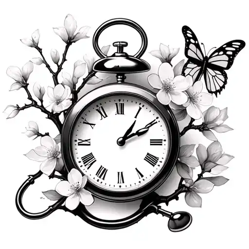 Clock And Stethoscope With Cherry Blossom Tree And Butterfly