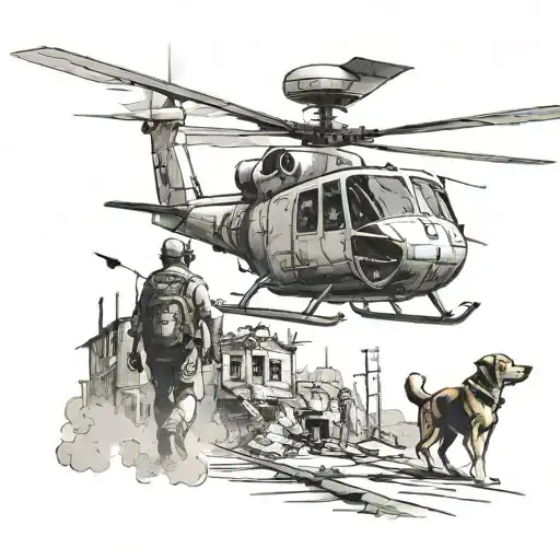 Man And Dog Walking Towards Hovering Helicopter In Post Apocalyptic City On Fire