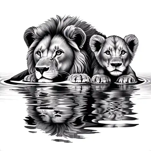 Lion And Cub Reflection In Water