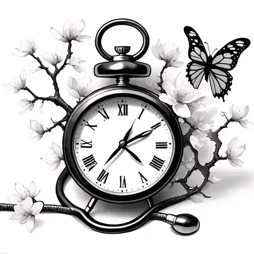 Clock And Stethoscope With Cherry Blossom Tree And Butterfly