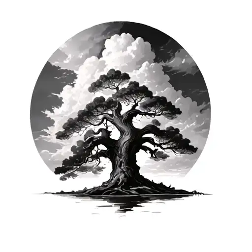 A Big Old Tree With Fog And Clouds