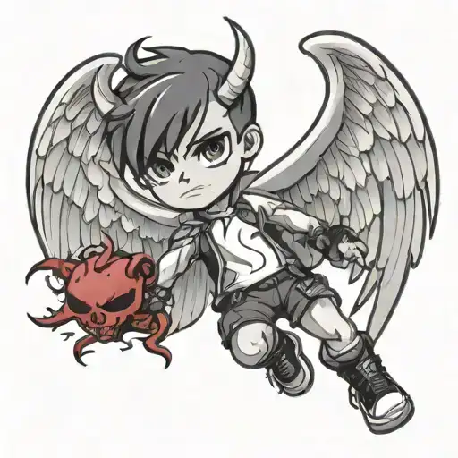 Chibi Angel Boy Holding A Devil Mask And A Tail